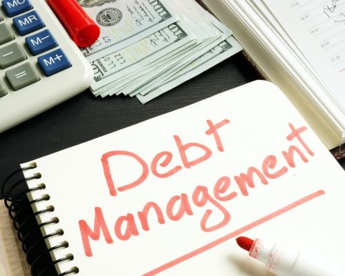 Debt management. Notepad, calculator and money.